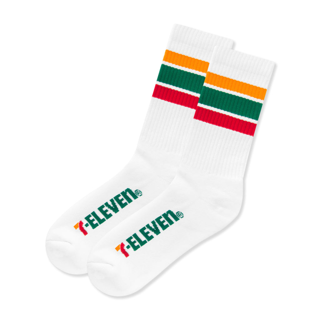 White crew socks with 7-Eleven stripes and logo