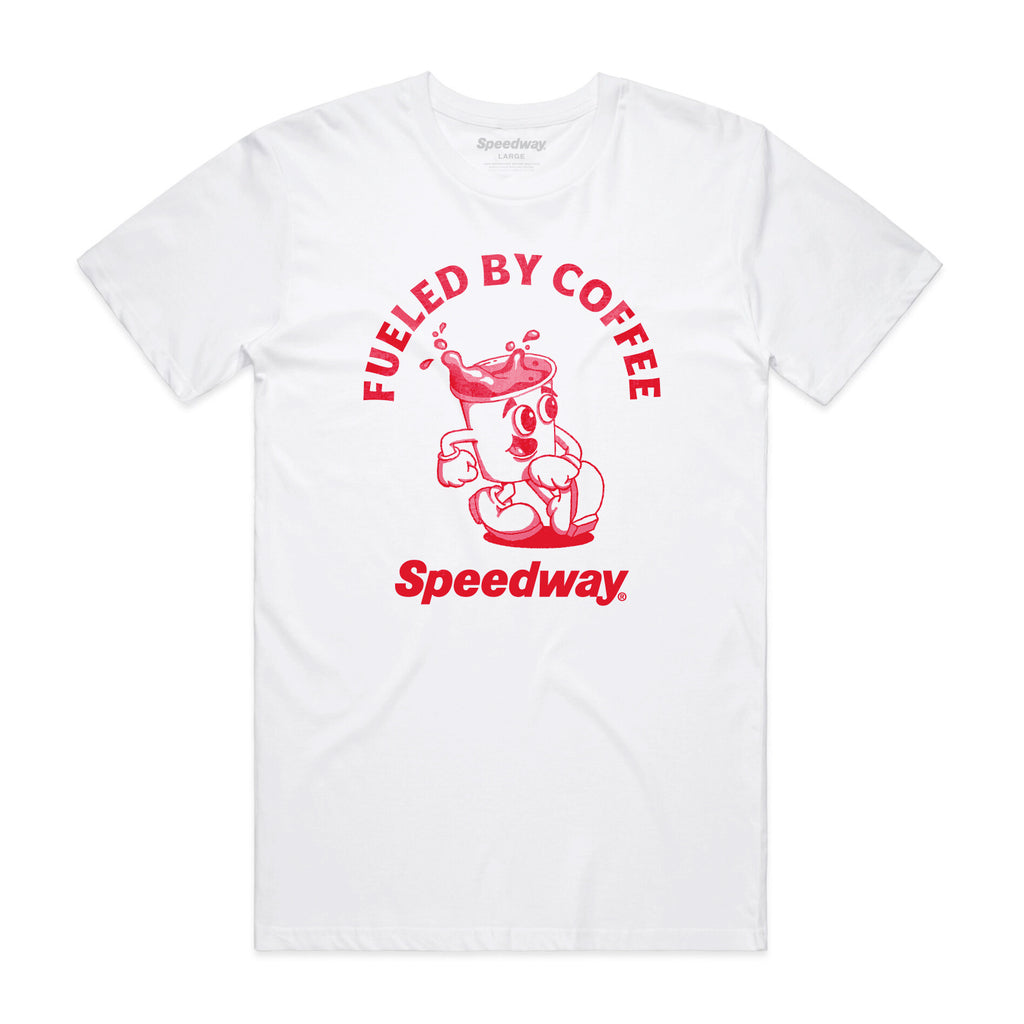 Speedway t-shirt that says "Fueled By Coffee with a coffee cup character 