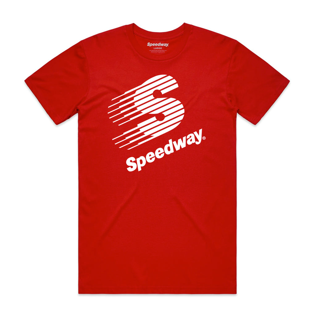 Red T-shirt with a white Speedway logo