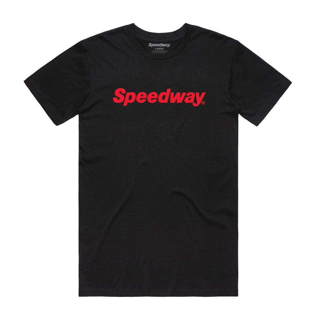 black T-shirt with a Speedway logo