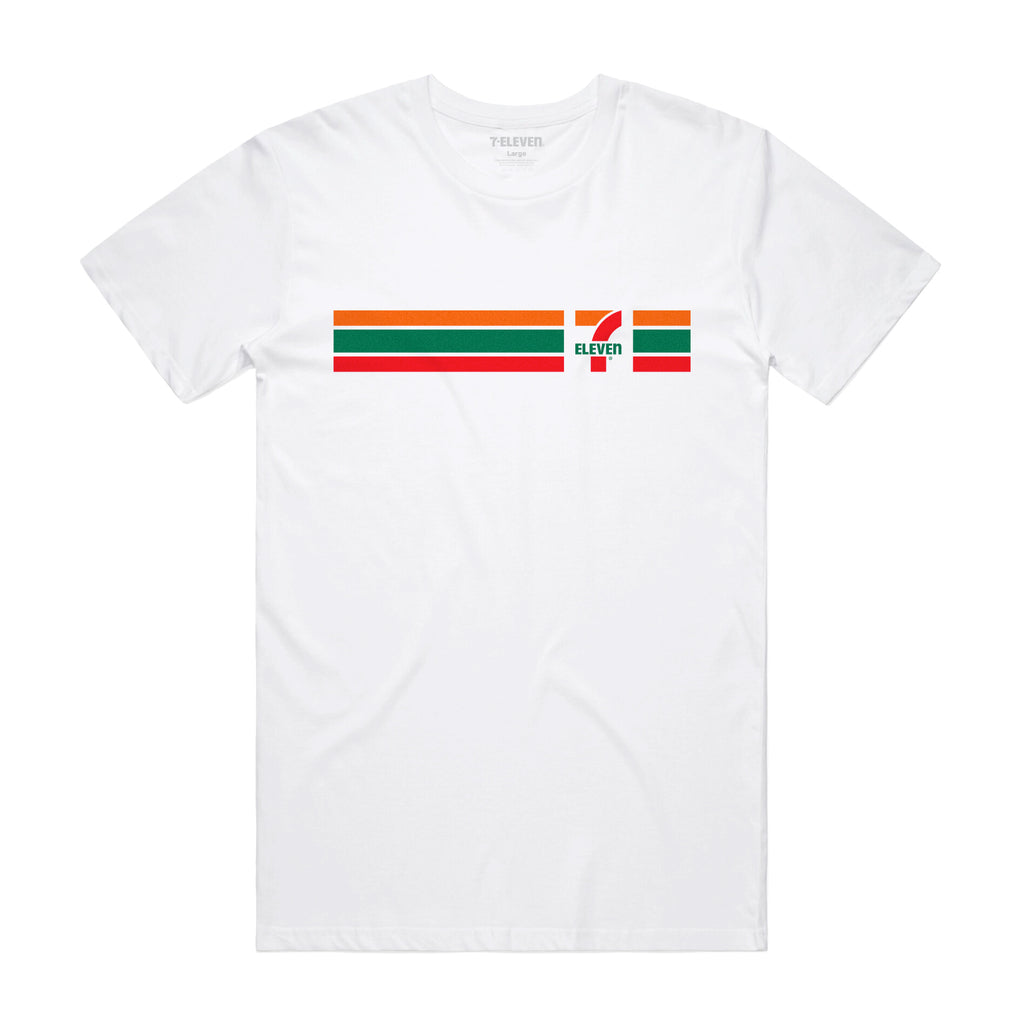 7-Eleven Classic t-shirt featuring orange, green, and red stripes with the 7-Eleven logo on the front chest