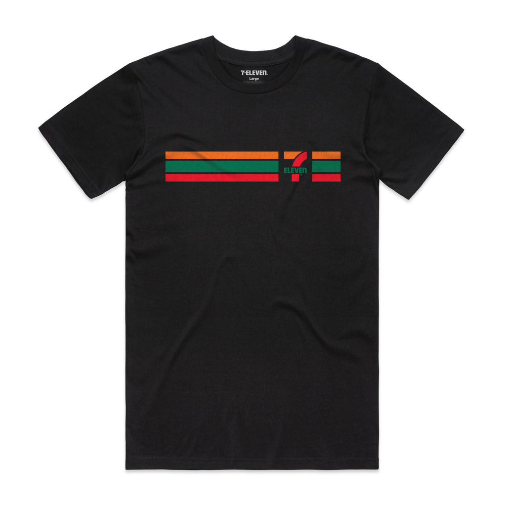 Black t-shirt with 7-Eleven orange, green, and red stripes with logo across the front chest.