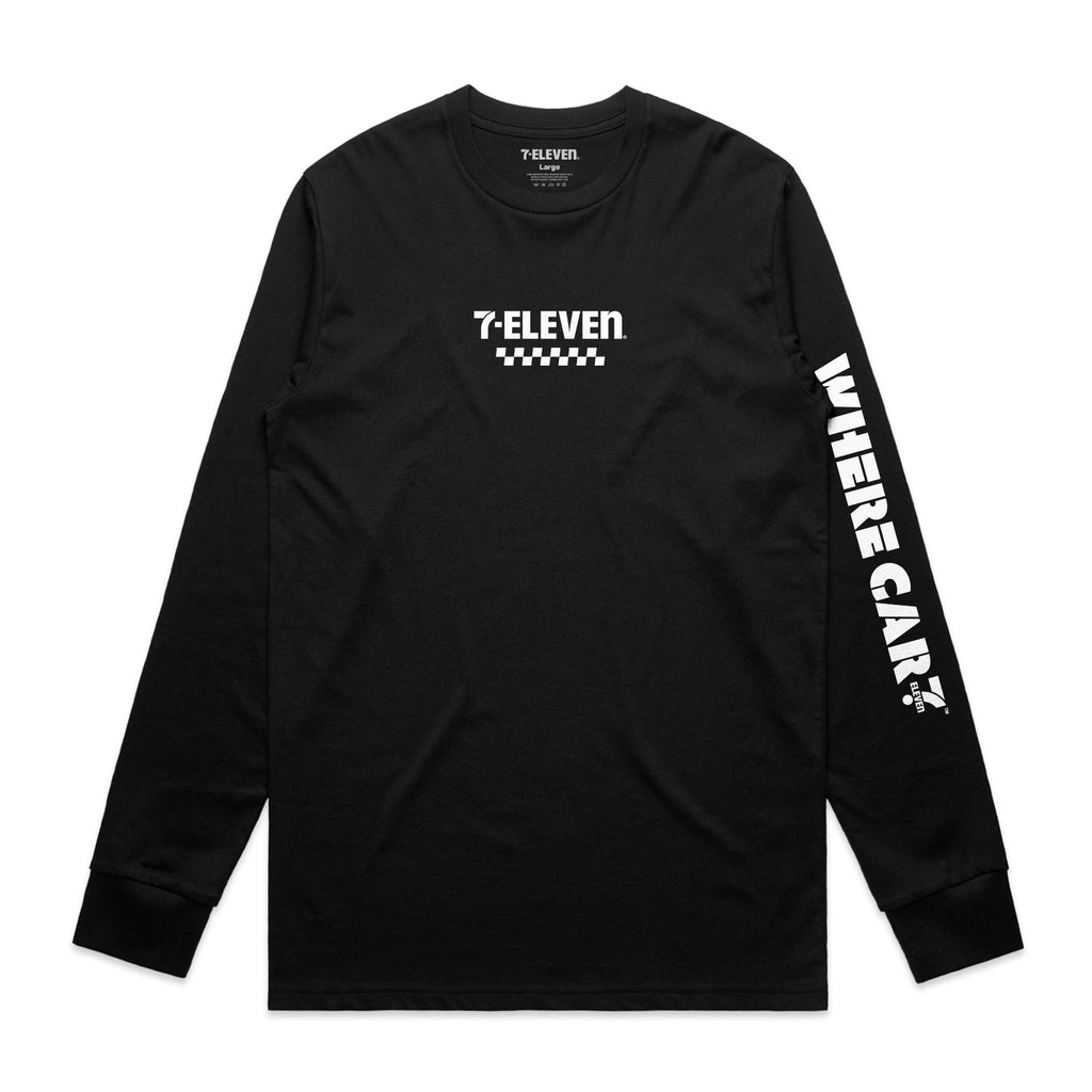 Black long sleeve t-shirt. White 7-Eleven logo with checker pattern on front center. Reads, "Where car?" down the left sleeve.