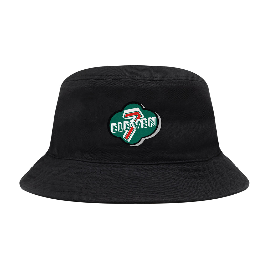 Black bucket hat with retro clover 7-Eleven logo.