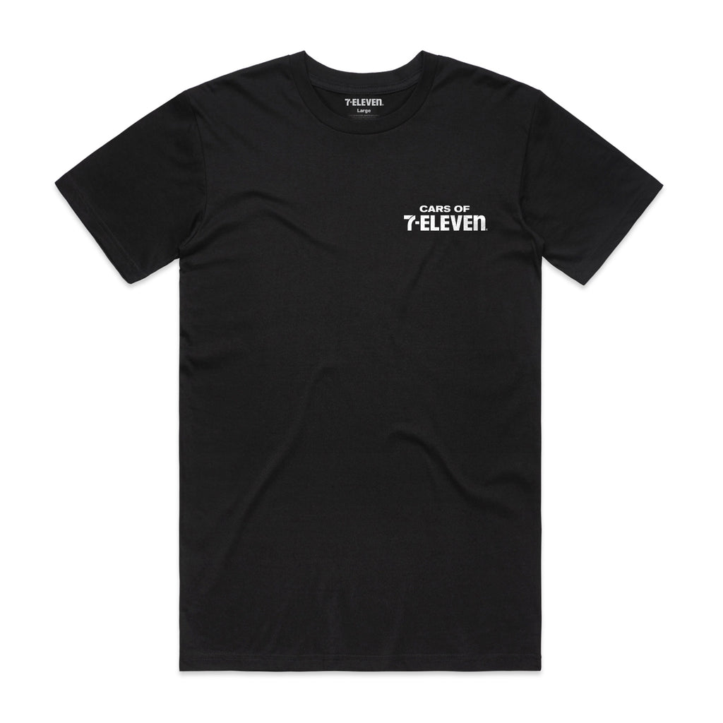 Black t-shirt. Reads, "Cars of 7-Eleven" in white on the front left chest.