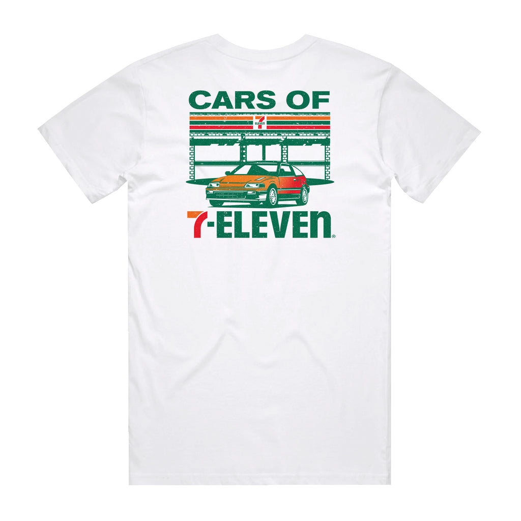 White t-shirt. Reads, "Cars of 7-Eleven" with car parked in front of store graphic.