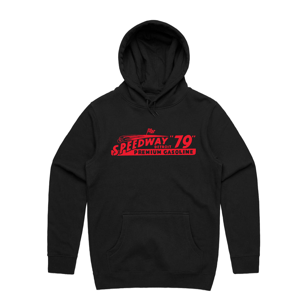 Black hoodie with a car themed Speedway graphic