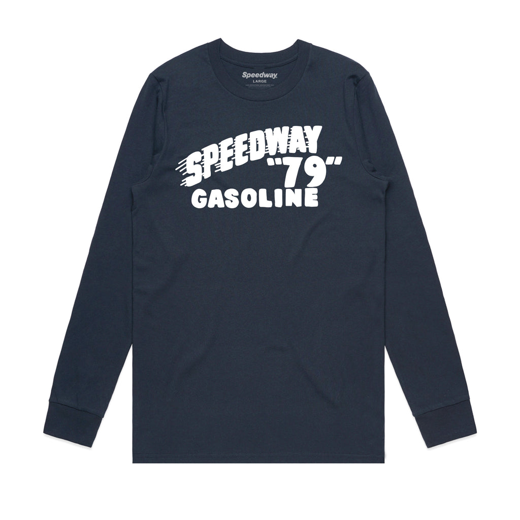 navy long sleeve that says "Speedway gasoline"
