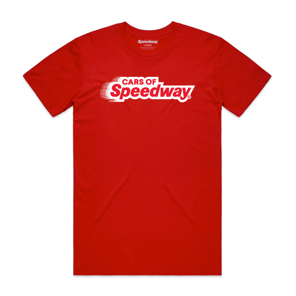 Red t-shirt that says Cars of Speedway