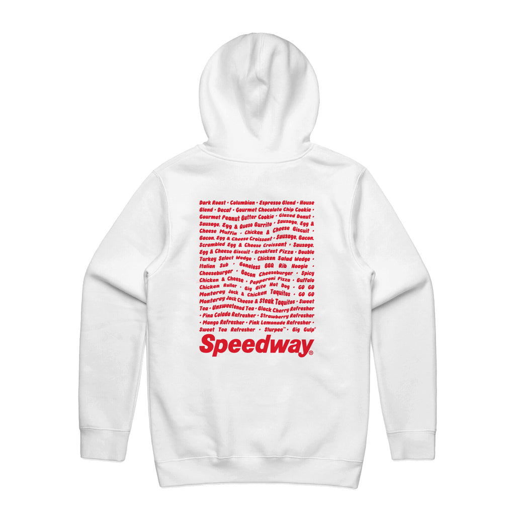 Speedway hoodie with a grocery list graphic