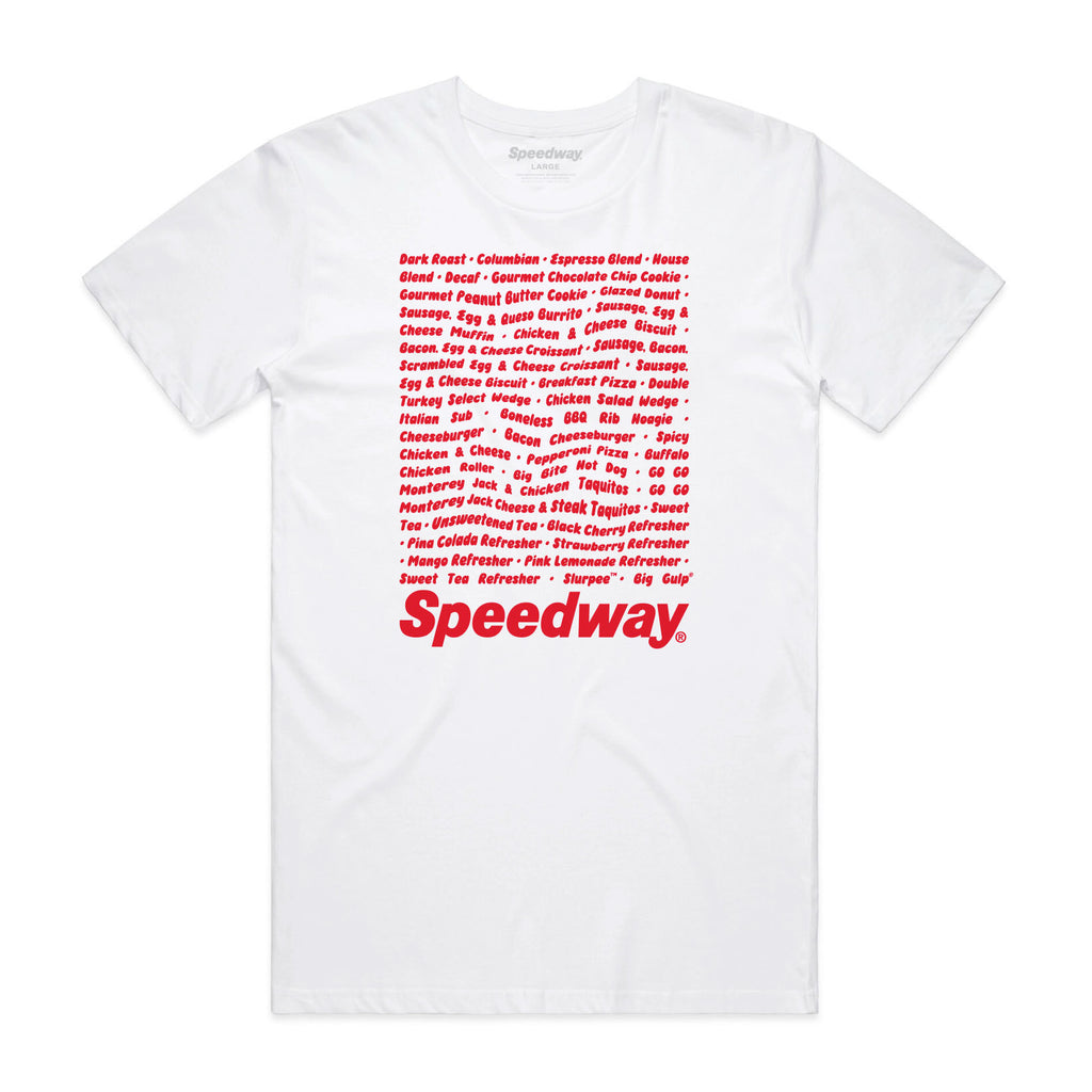 Speedway t-shirt with a grocery list graphic