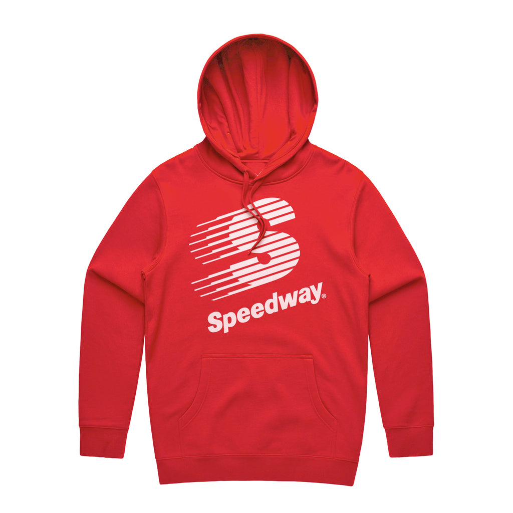 Red hoodie with a Speedway logo