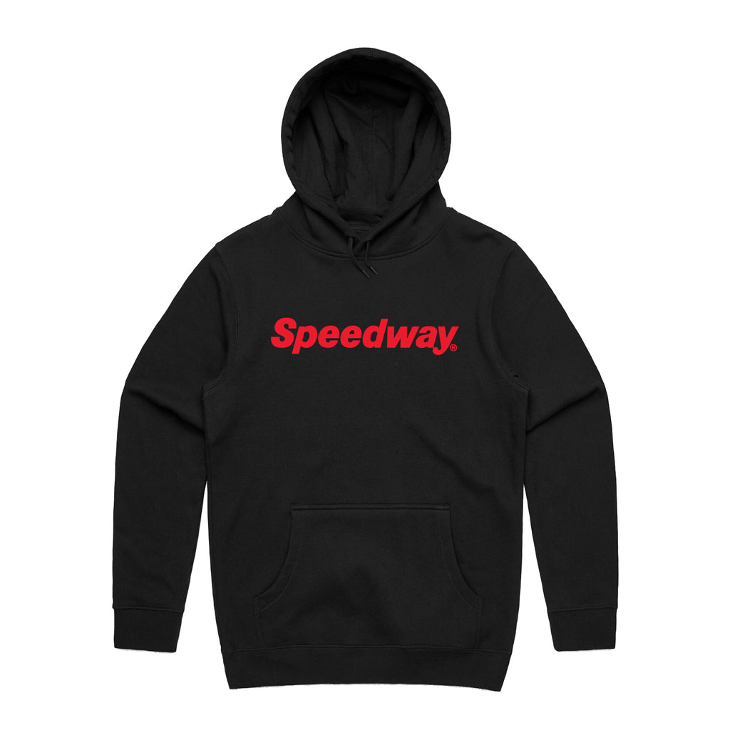 Black hoodie with red Speedway logo