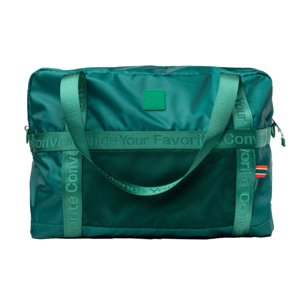 Green duffle bag with detailing that reads "Your Favorite Convenience" 