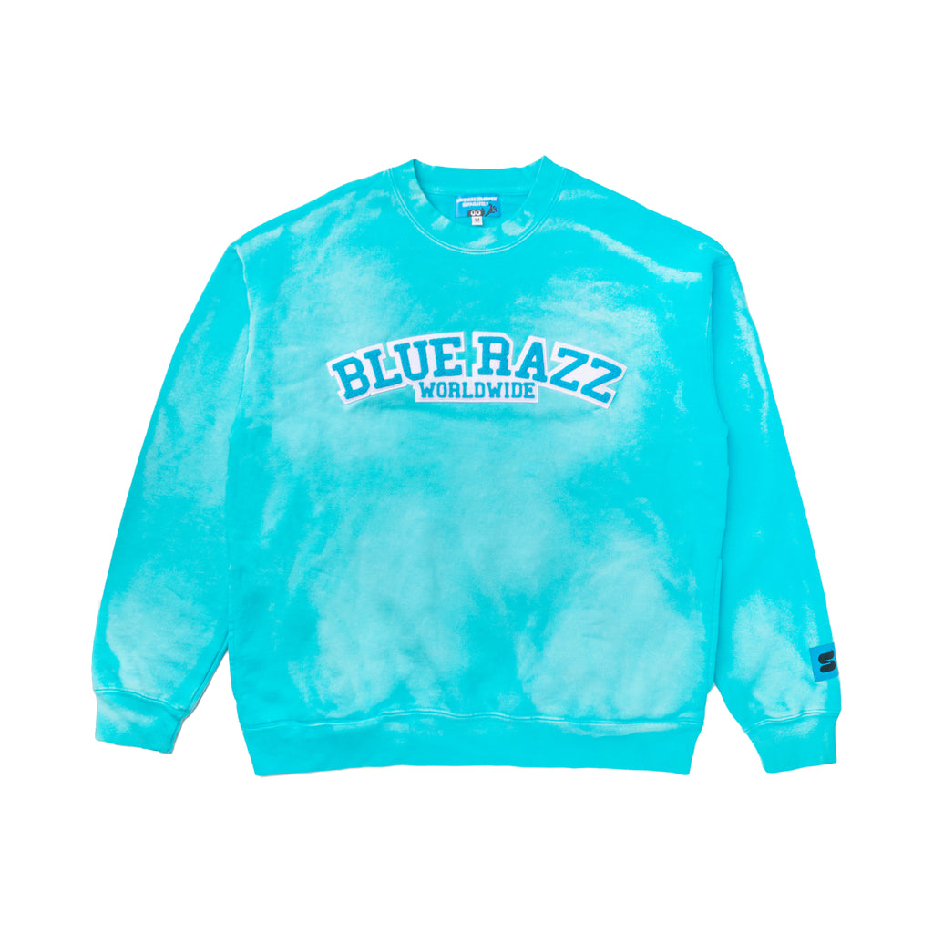 Slurpee blue tie dye sweater that says "Blue Razz Worldwide"