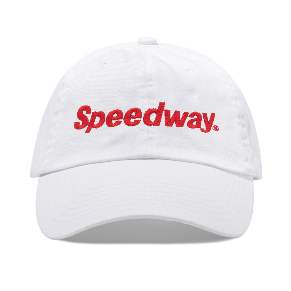 White dad hat with red Speedway logo
