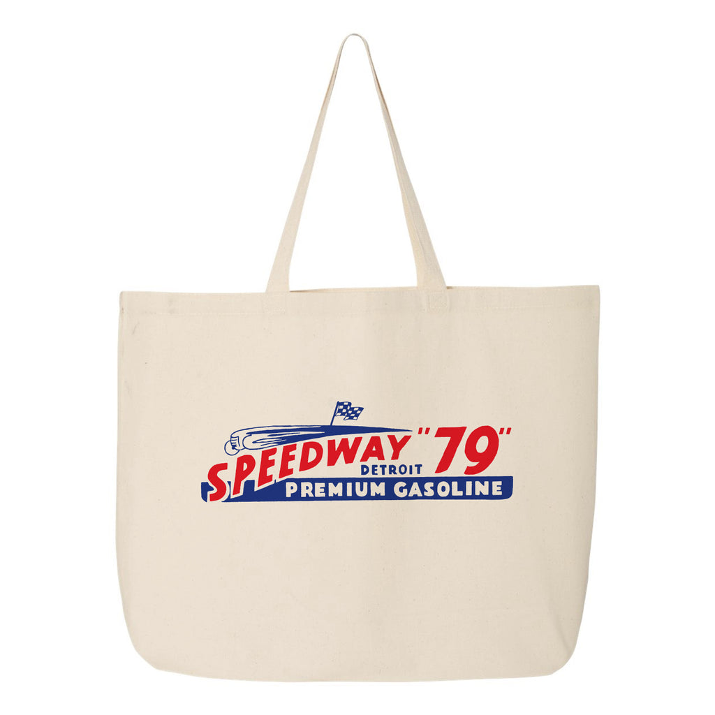 Speedway branded tote bag with a car themed graphic