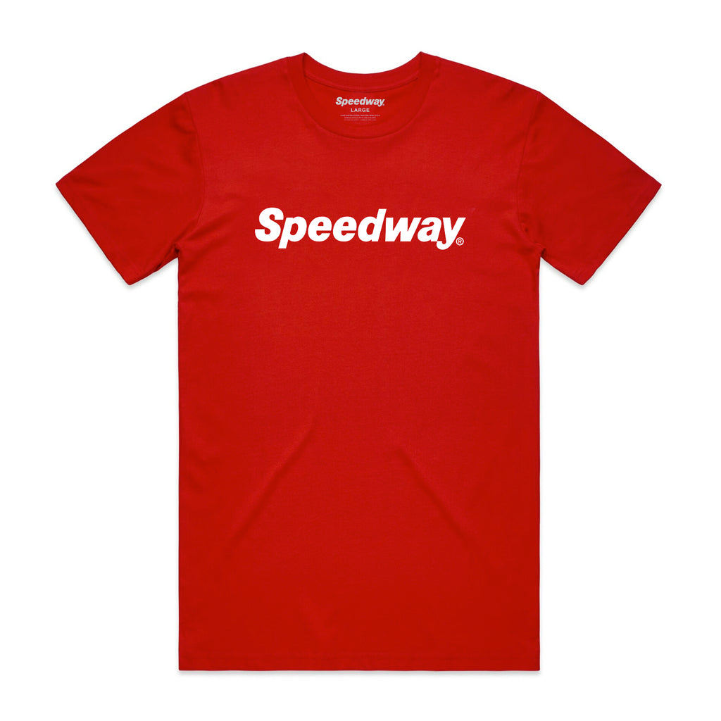 red T-shirt with a white Speedway logo