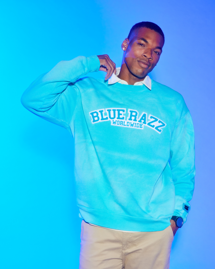Man wearing Blue Razz Slurpee Crewneck Sweater