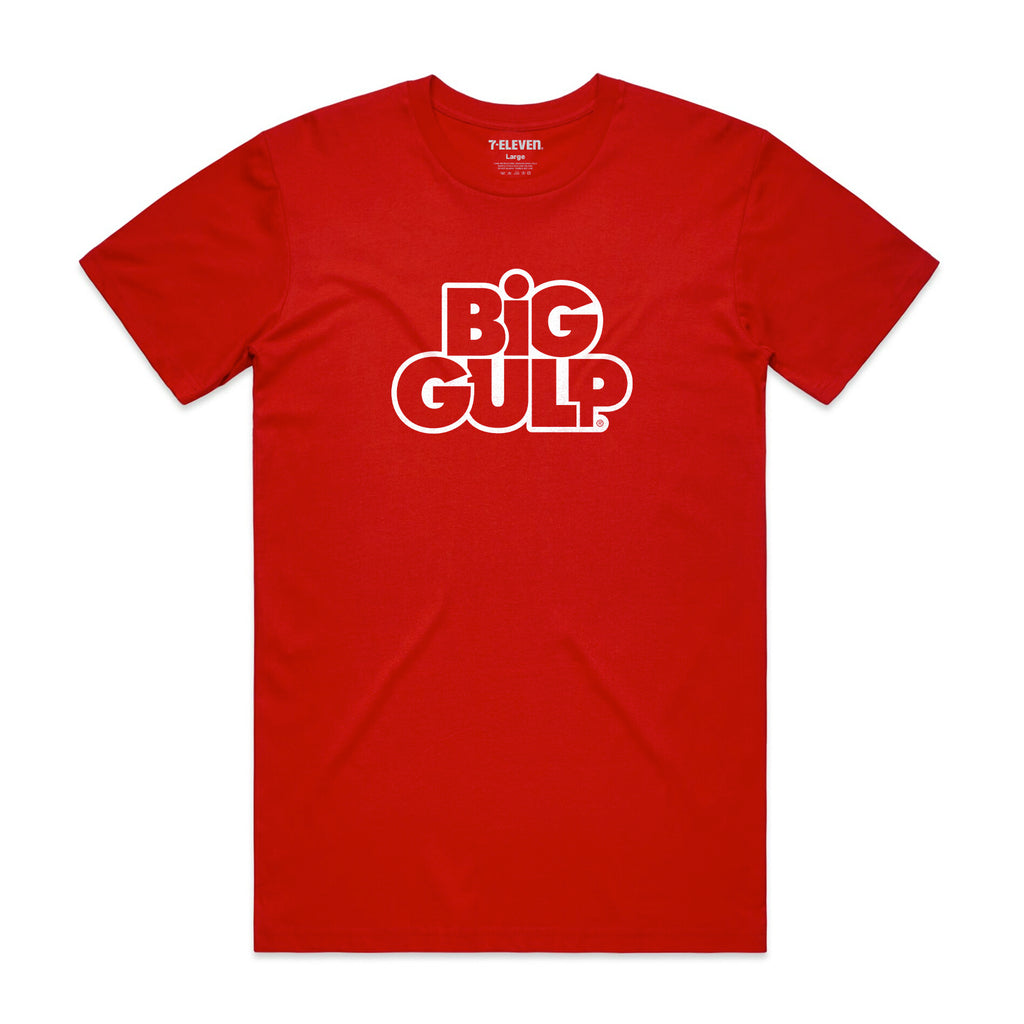 Red t-shirt with Big Gulp logo on the front.
