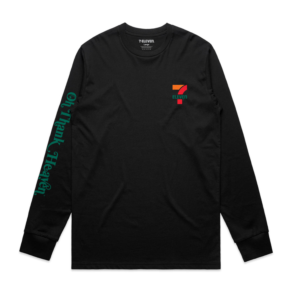 Black long sleeve t-shirt. "Oh Thank Heaven" on the right sleeve and 7-Eleven logo on the front left chest. 