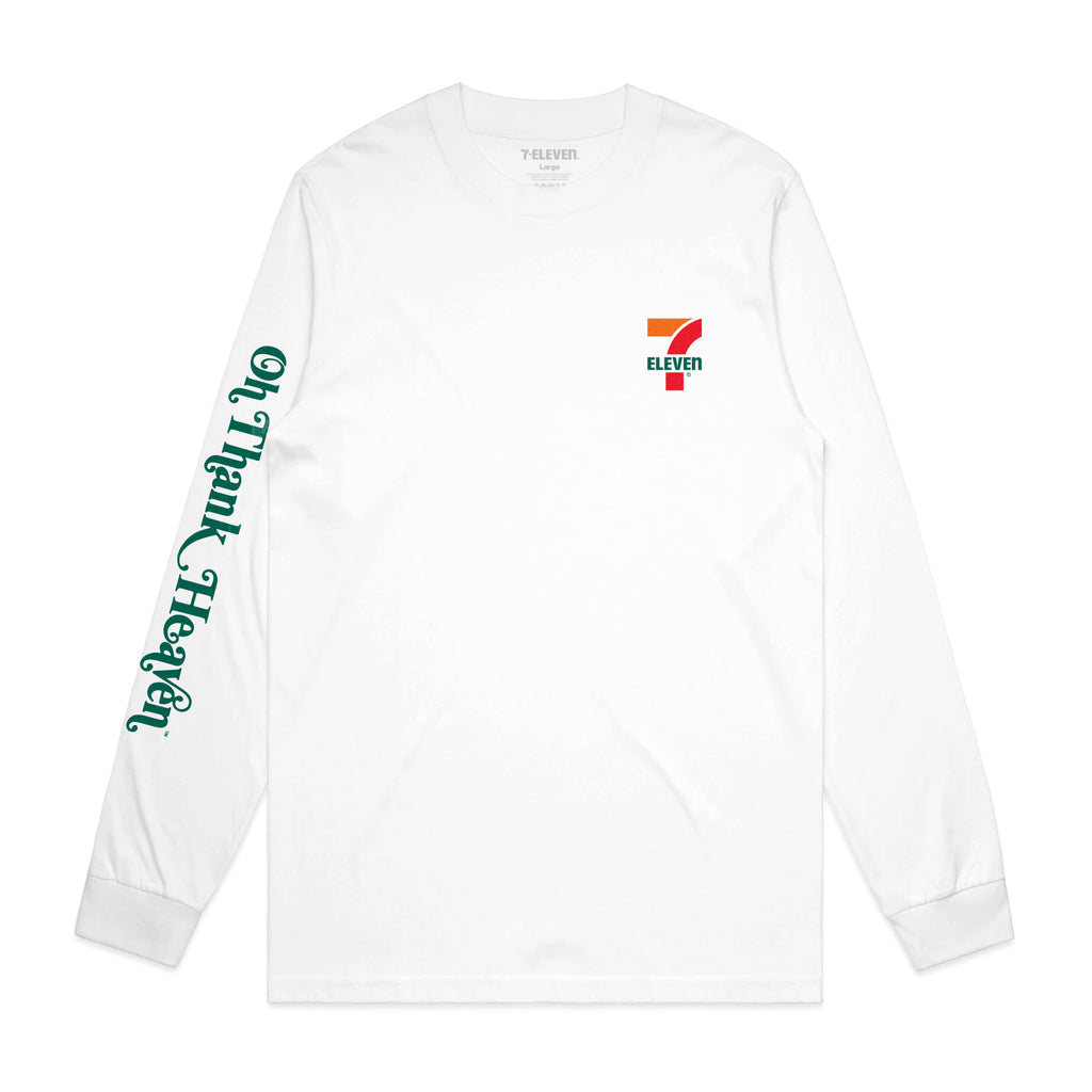 White long sleeve t-shirt. "Oh Thank Heaven" on the right sleeve and 7-Eleven logo on the front left chest. 