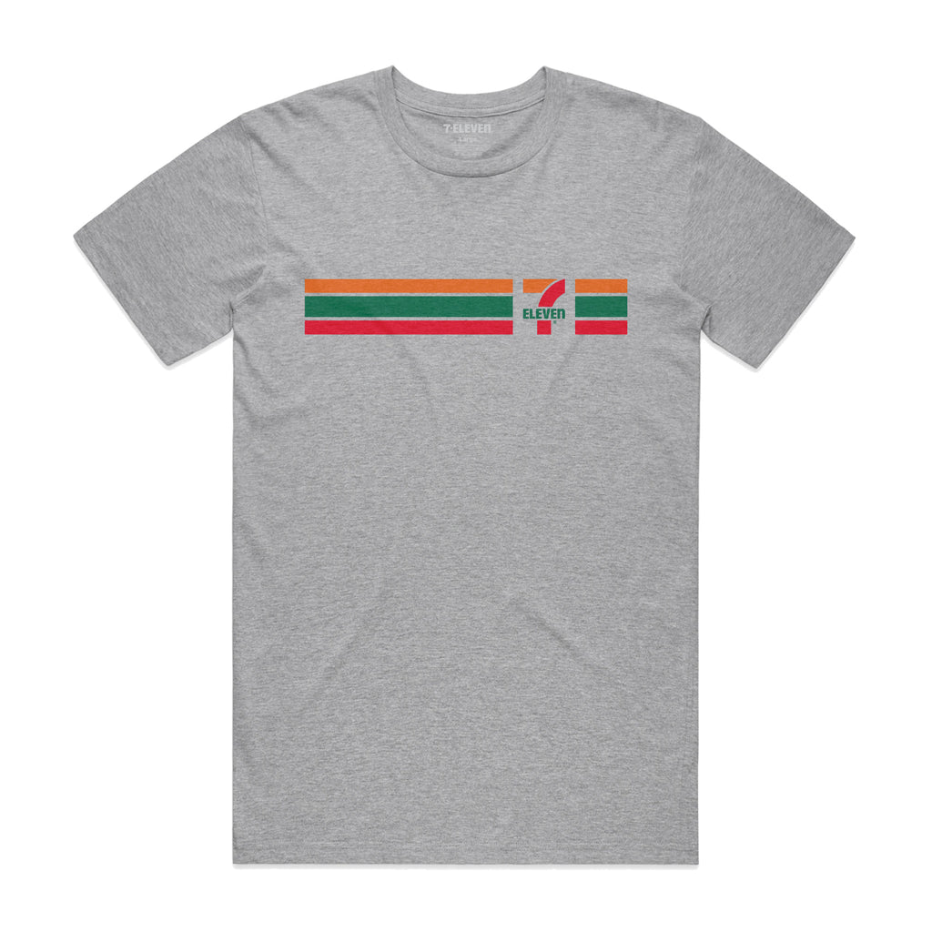 Gray t-shirt with 7-Eleven orange, green, and red stripes with logo across the front chest.