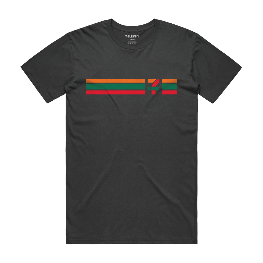 Vintage Black t-shirt with 7-Eleven orange, green, and red stripes with logo across the front chest.