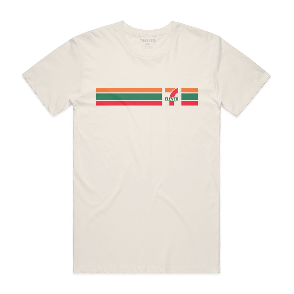 Vintage white t-shirt with 7-Eleven orange, green, and red stripes with logo across the front chest.