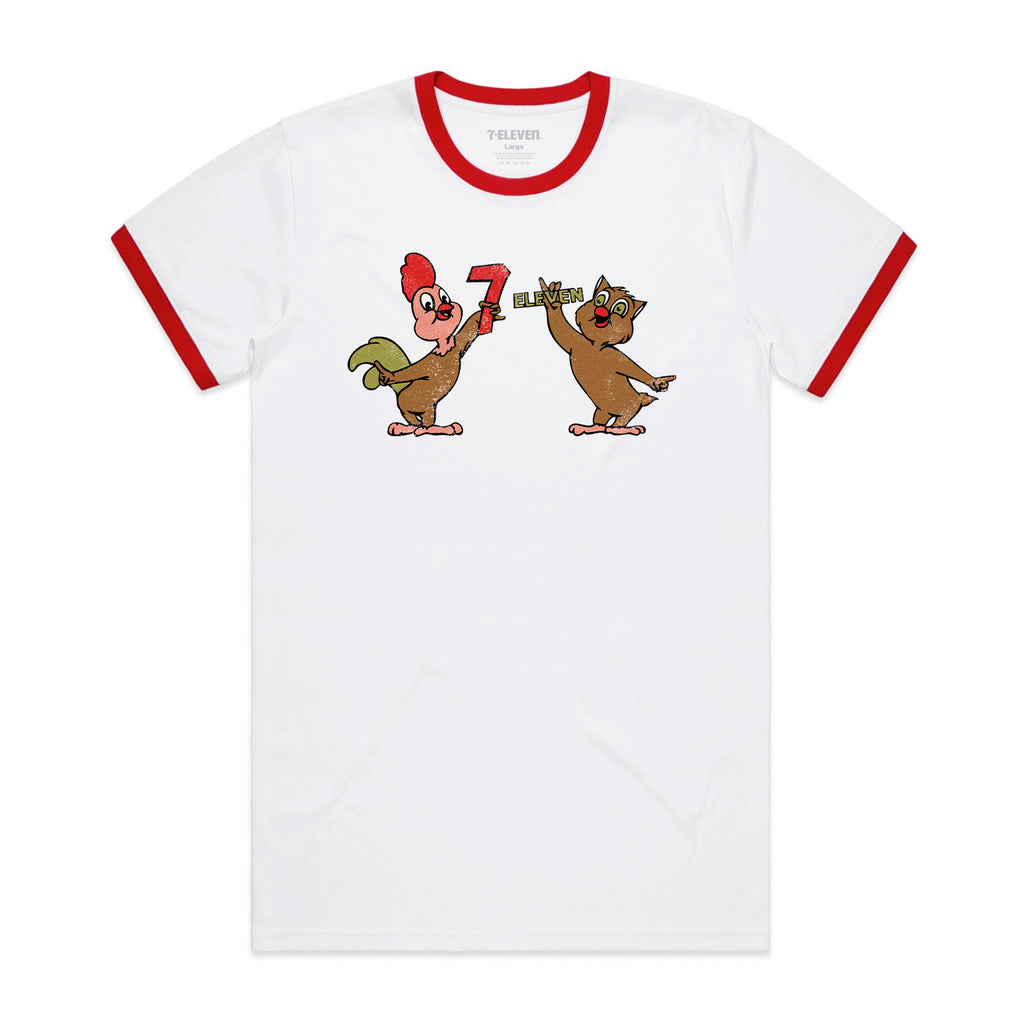 Retro ringer style t-shirt. White shirt with red ribbing on sleeves and neck line. Vintage graphic with 7-Eleven rooster and owl on the front.