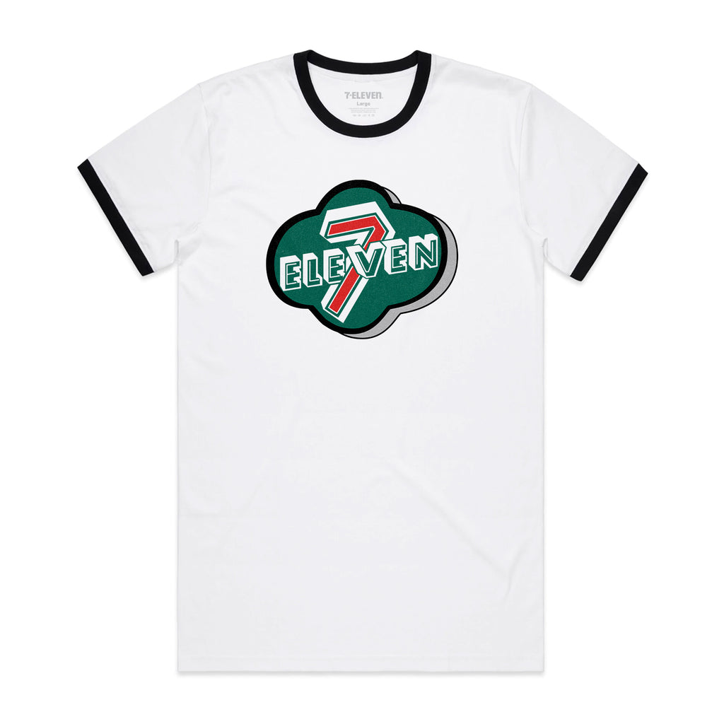 Vintage style ringer t-shirt. White shirt with black ribbing on sleeve and neck lines. Retro 7-Eleven clover logo on the front.
