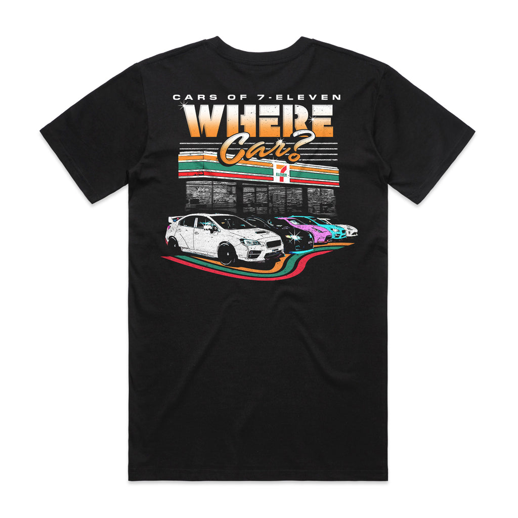 Black t-shirt. Reads, "Cars of 7-Eleven. Where Car?" Graphic with cars lined up outside of convenience store.