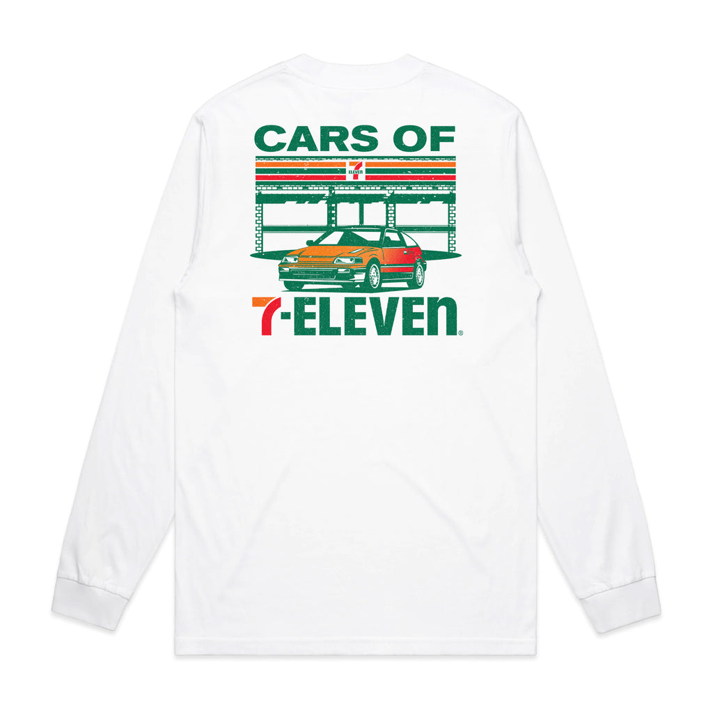White long sleeve t-shirt. Reads, "Cars of 7-Eleven" with car parked in front of store graphic.
